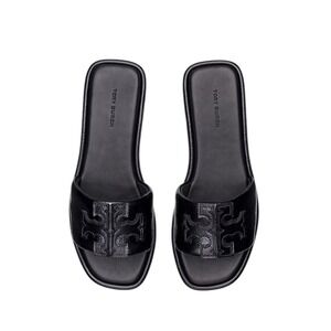 Tory Burch Double T Sport Slide Patent Leather Women 7 Perfect Black Sandal NIB